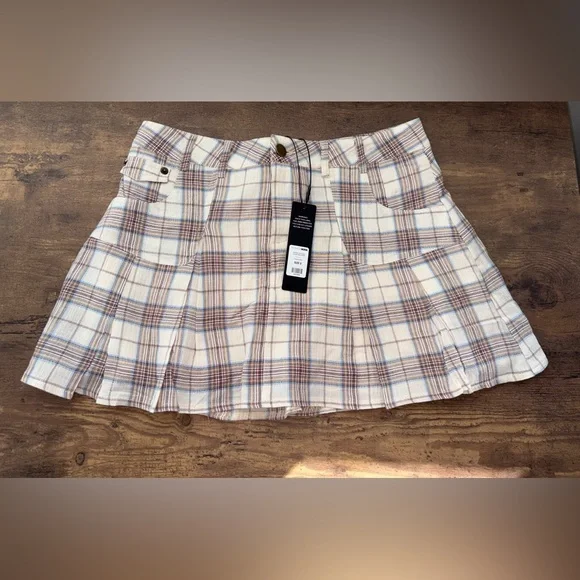 Fashion Nova Plaid Gauze Mini Skirt in Cream and Brown - Picture 1 of 10